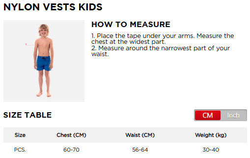 velikostní tabulka nylon vest kids